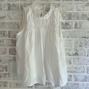 Gilli Women’s Small Sleeveless Ruffle Smocked Neck White Blouse Career Top